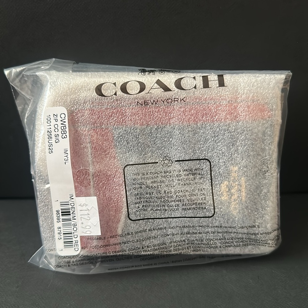 NWT COACH ZIP CARD CASE IN SIGNATURE CANVAS IN DENIM/BOLD RED - Picture 6 of 6